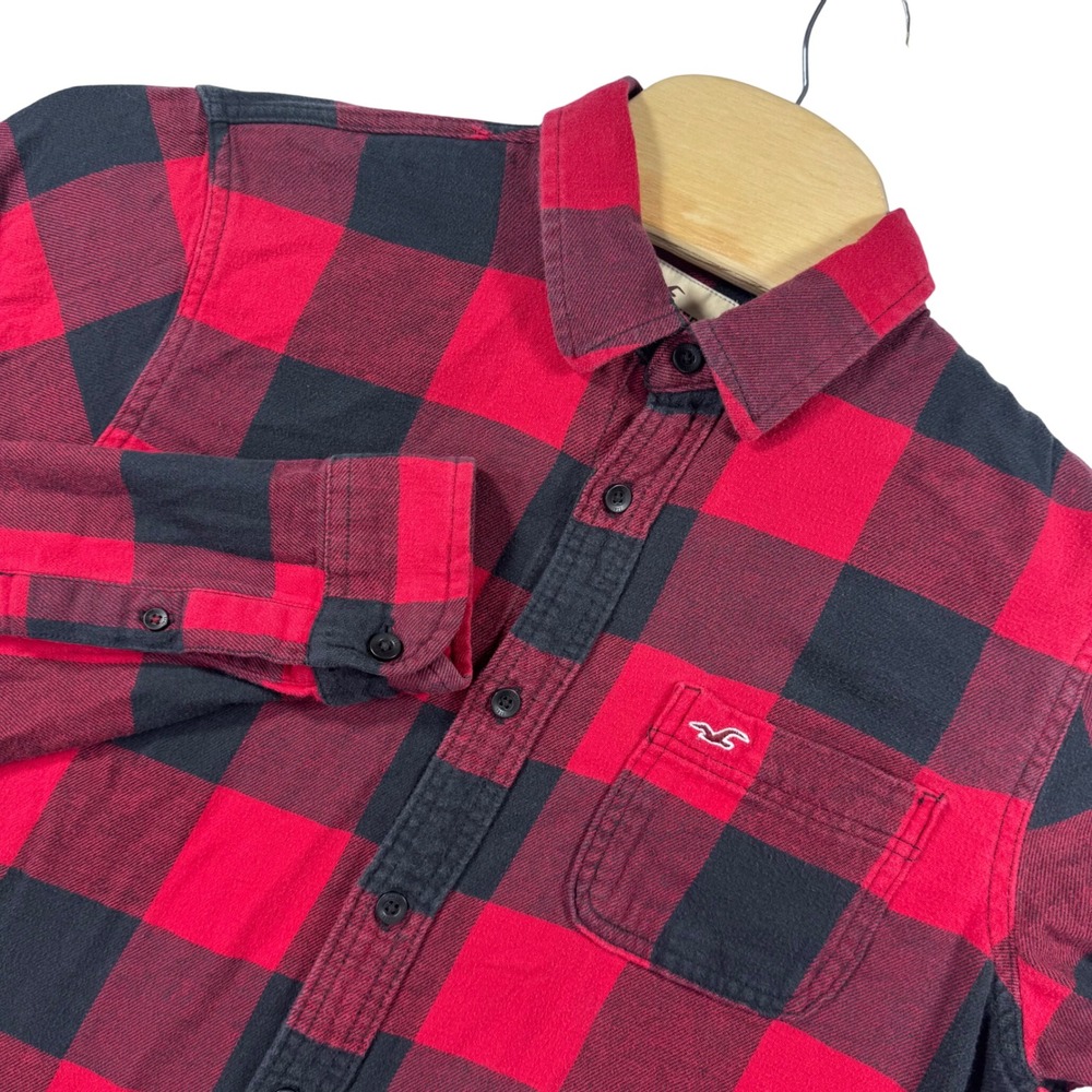 Hollister Men's Red & Black Buffalo Plaid Stretch Flannel‎ Button Down Shirt
